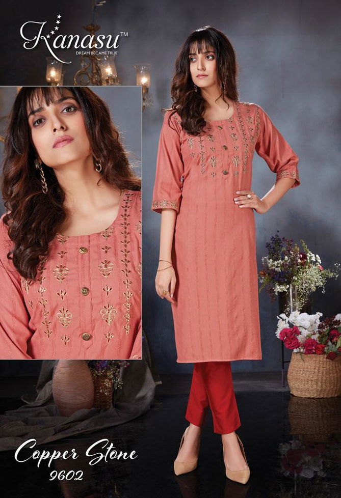 Kanasu Copper Stone Heavy Rayon Fancy Wear Kurti With Bottom Collection